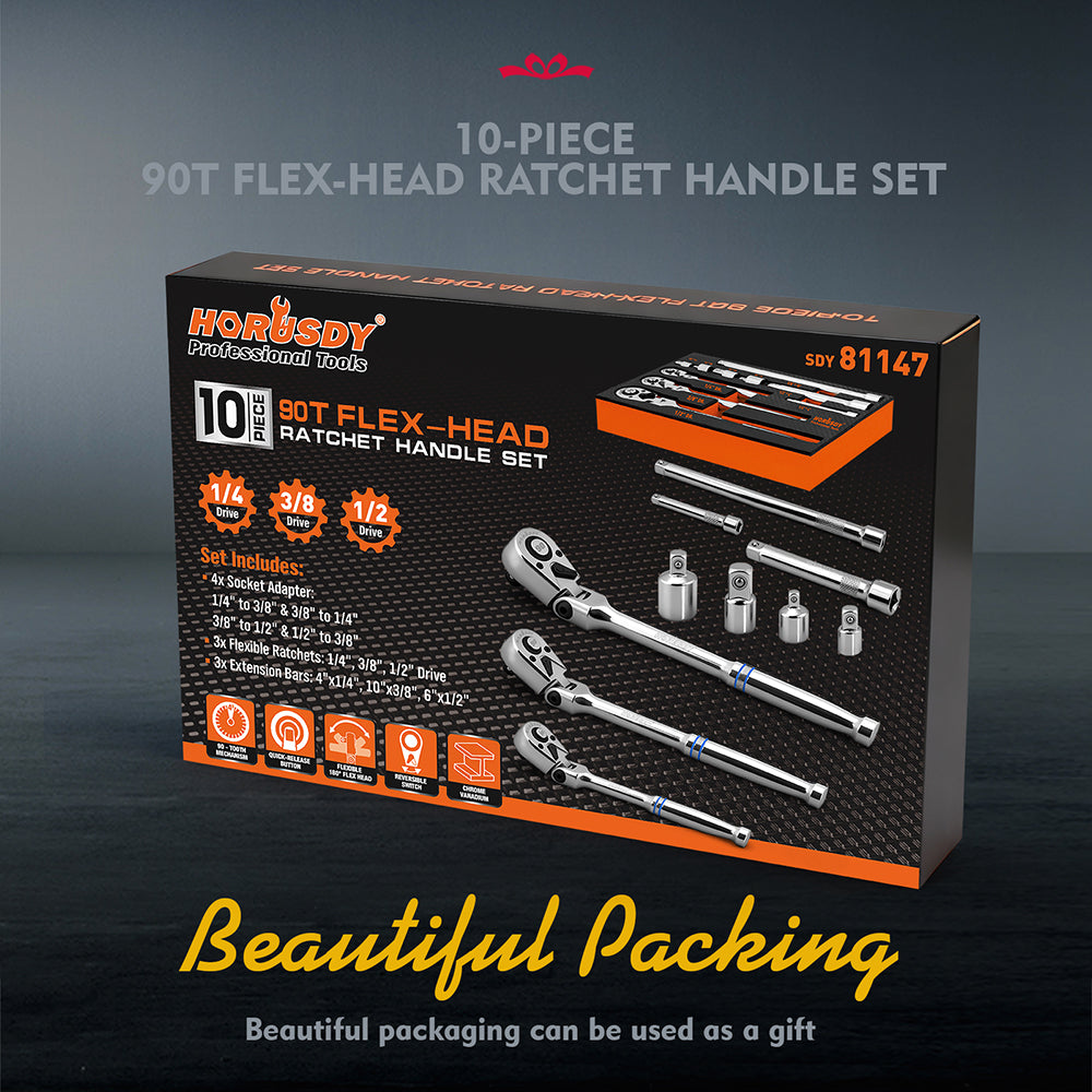 10-piece 90-tooth flex-head ratchet handle set with adapters and extension bars for automotive and mechanical work