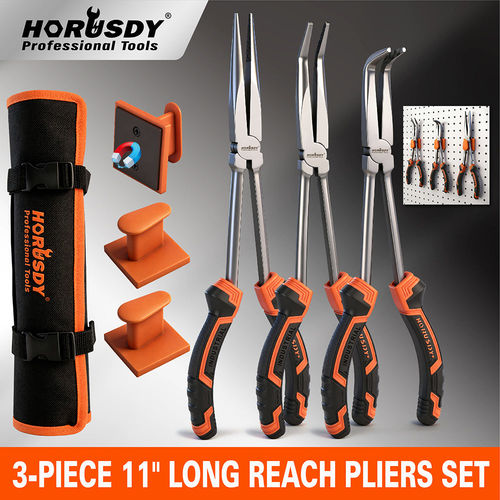 3-piece 11-inch long reach pliers set with straight, 45-degree and 90-degree bent nose pliers, magnetic racks and roll-up pouch