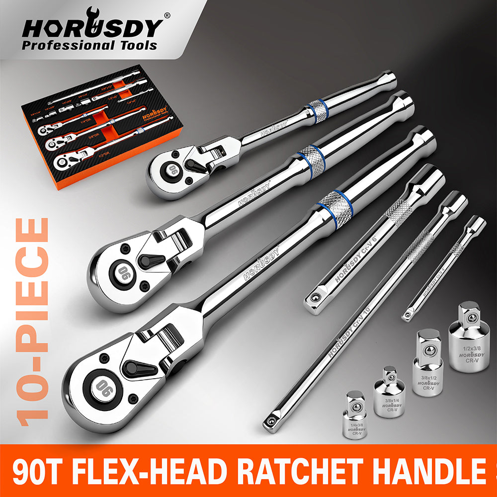 10-piece 90-tooth flex-head ratchet handle set with adapters and extension bars for automotive and mechanical work