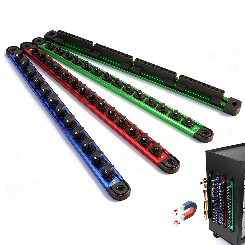 4-piece magnetic socket and bit organizer kit with aluminum rails, rotating clips and strong magnetic base for tool storage