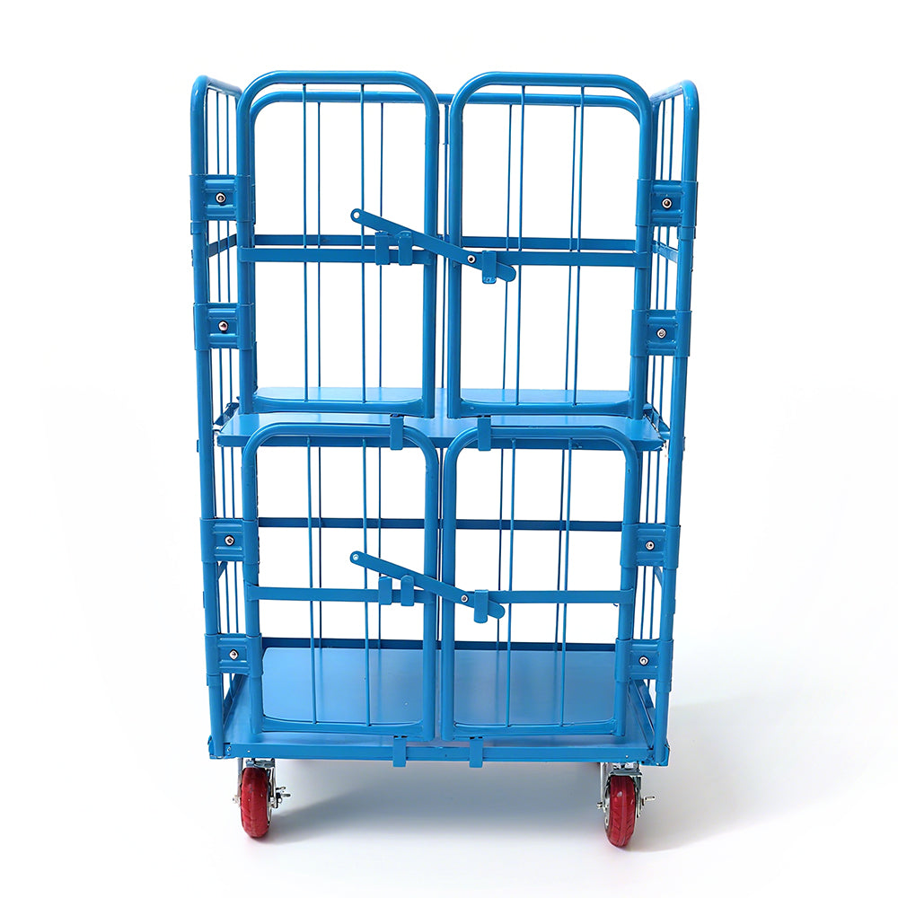 Heavy duty 4-door warehouse cage trolley with mesh panels, swivel wheels and brake function for logistics, storage and transport