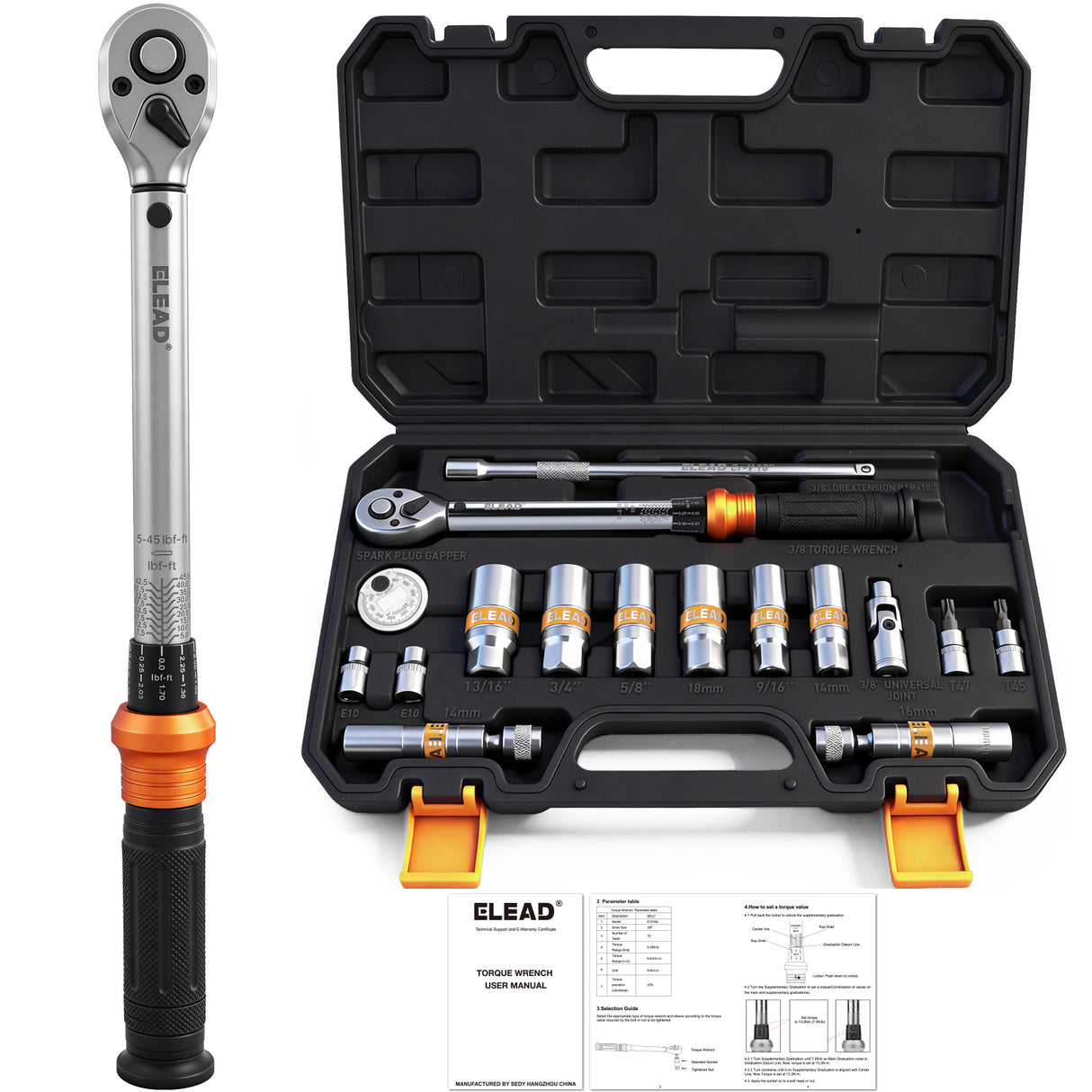 16 piece 3/8 drive spark plug socket set with torque wrench magnetic swivel sockets extension bar and torx bits automotive tool kit