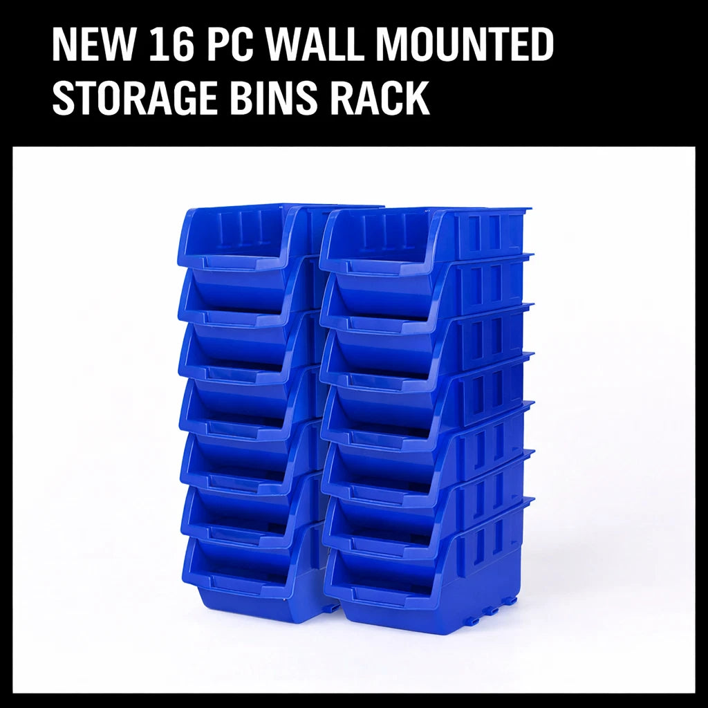 Robust Wall Mounted Bins Rack featuring 8 orange stackable plastic storage trays and 3 plastic racking, ideal for organizing small parts, tools, fishing tackle, and craft supplies. Designed to mount easily on pegboard, slot wall, or wooden studs, offering a versatile and space-saving solution for any workshop, garage, or hobby room