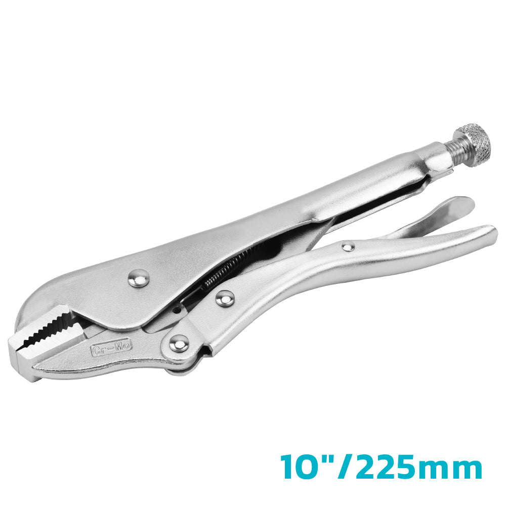 straight jaw locking pliers available in 7-inch and 10-inch sizes with adjustable tension screw, quick-release trigger and Cr-Mo steel jaws