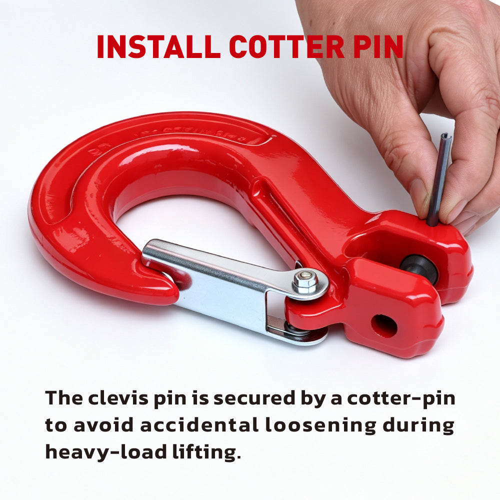 heavy-duty clevis slip hook with safety latch, cotter pin and red powder-coated finish for lifting, towing, recovery and rigging applications
