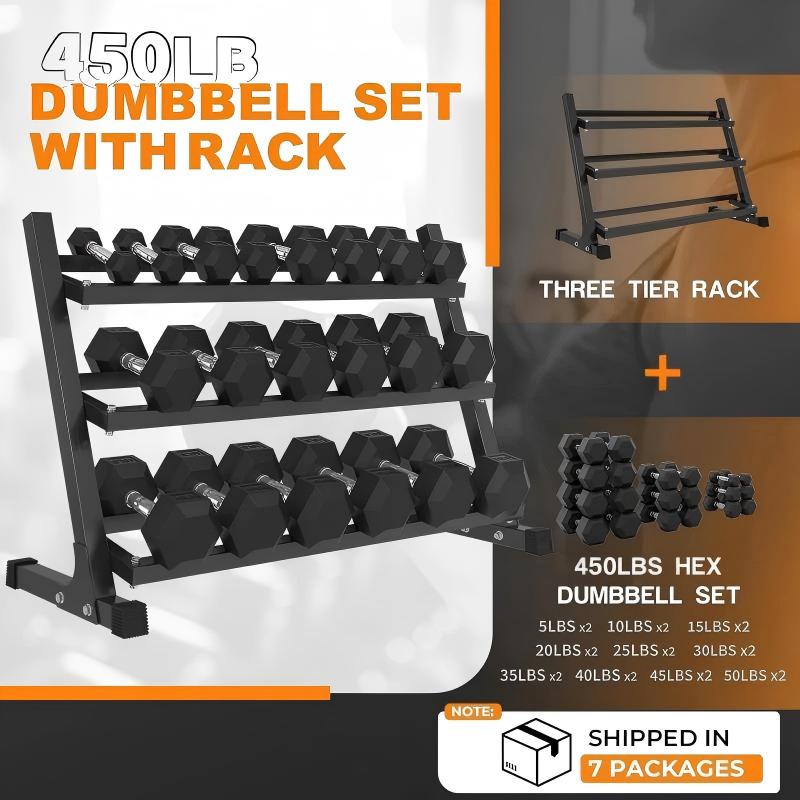 350 lb or 450 lb hex dumbbell set with 3-tier storage rack, anti-roll heads and knurled handles for home gym strength training
