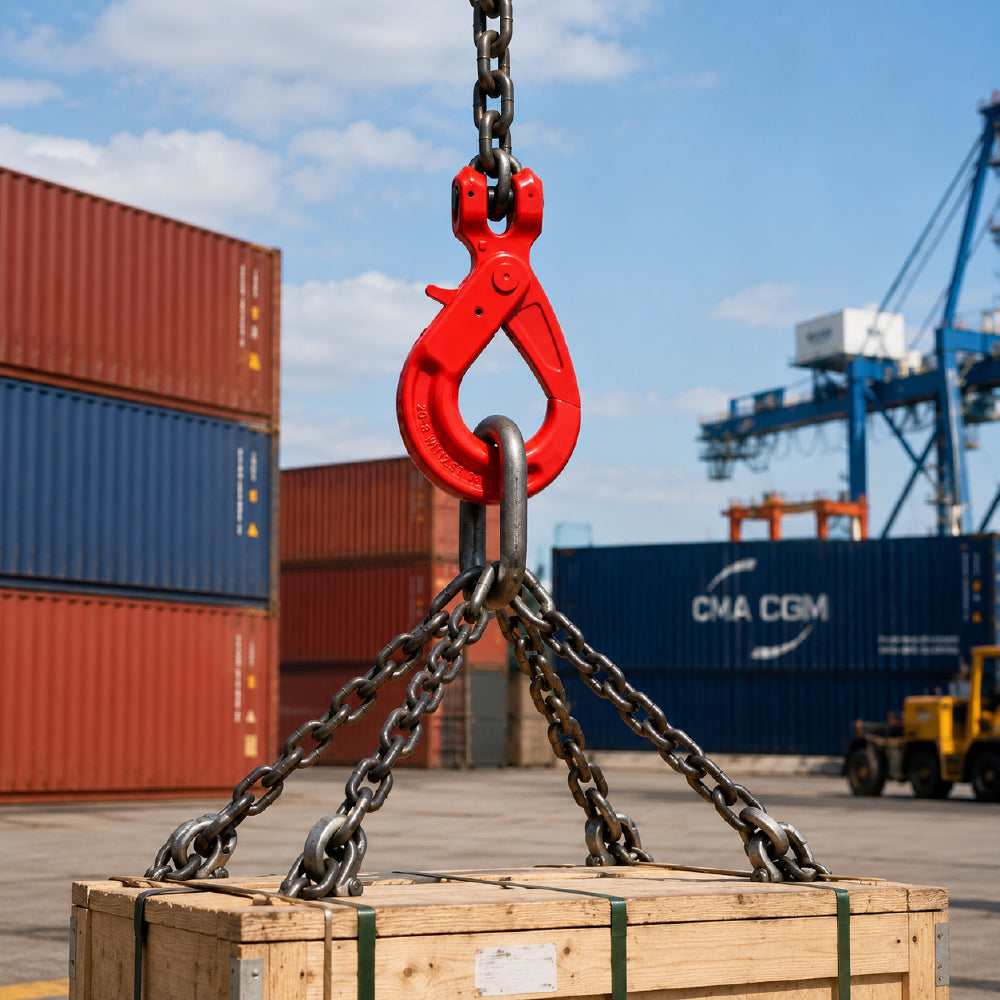 G80 clevis self-locking lifting hook with powder-coated finish and secure locking gate for chain rigging, hoisting and material handling