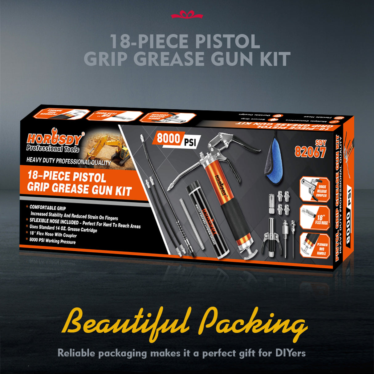 18-piece pistol grip grease gun kit with 8000 PSI pressure, flexible hose, lock coupler and multiple grease fittings