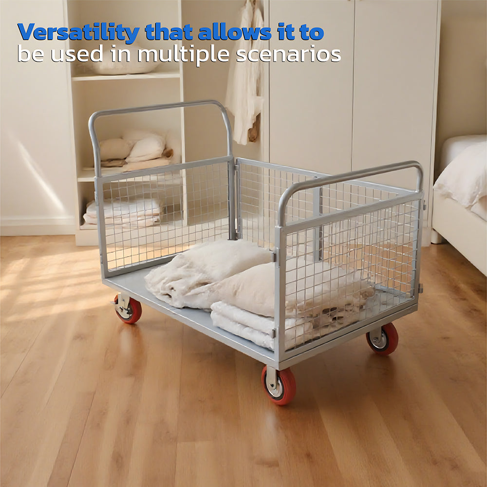 4-in-1 foldable blue caged platform trolley, 450kg load, heavy-duty steel cart with braked castors, flatbed warehouse and workshop cart AU