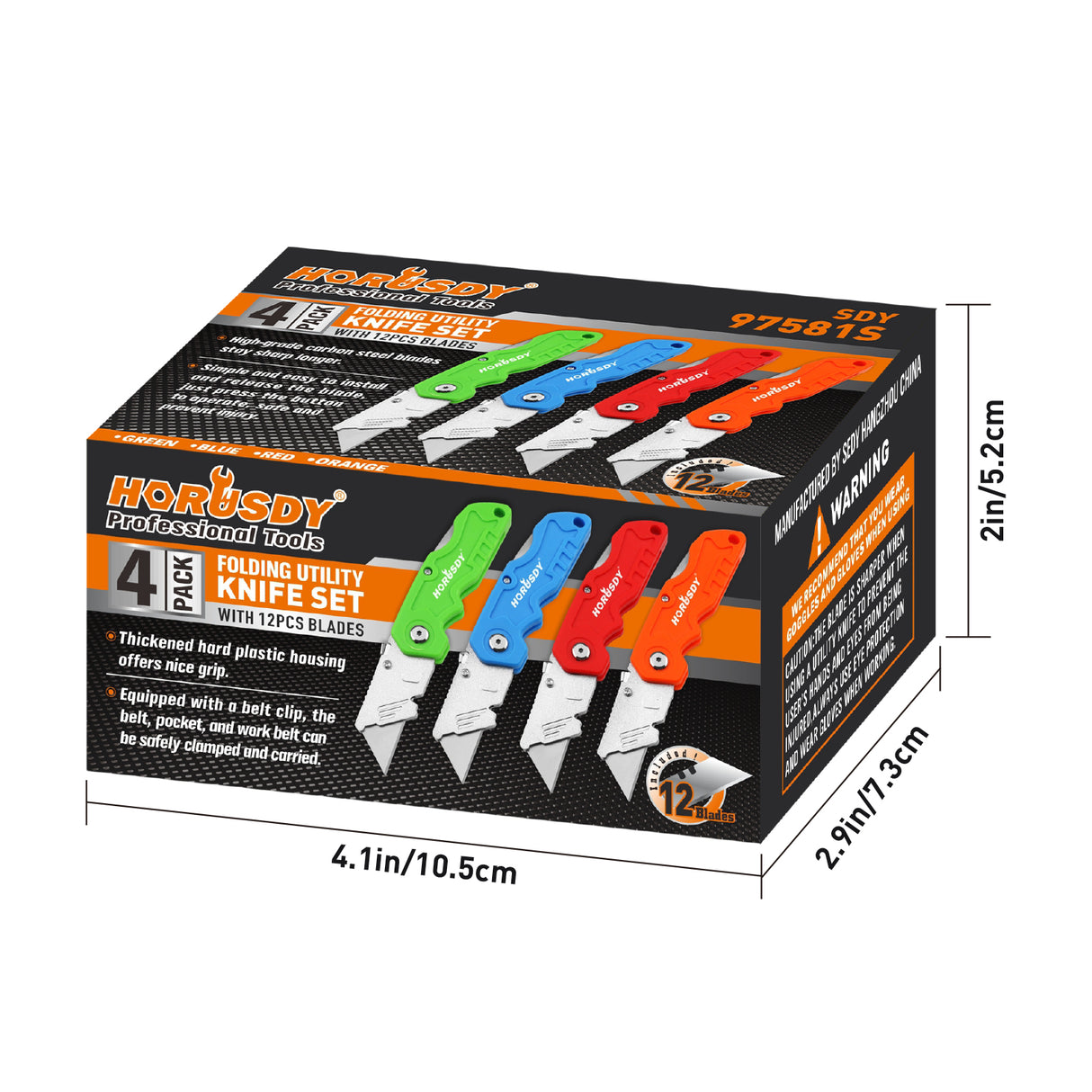 4Pc Folding Utility Knife Set | Quick-Change Box Cutter with 10 Extra Blades | Includes Storage Bag