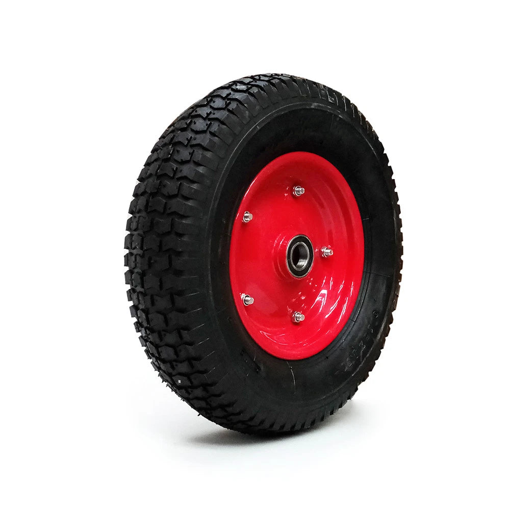16 inch pneumatic wheelbarrow wheel with red steel hub and 20mm bore bearing, replacement tyre for carts, trolleys and barrows