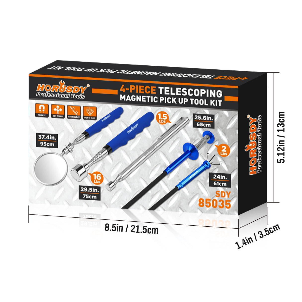 4-piece telescoping magnetic pickup tool kit with inspection mirror, flexible grabber and strong magnets