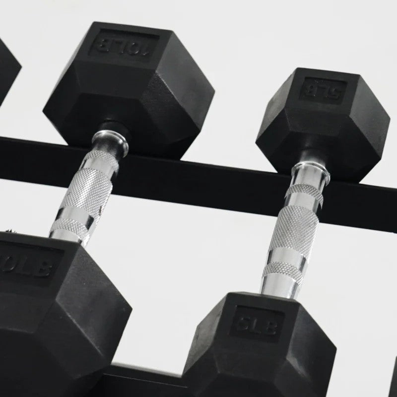 350 lb or 450 lb hex dumbbell set with 3-tier storage rack, anti-roll heads and knurled handles for home gym strength training