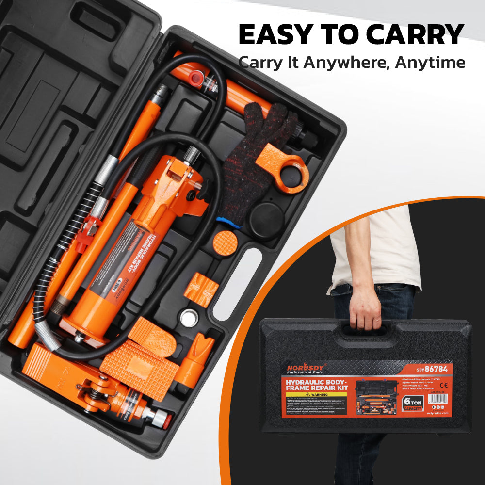 6 ton hydraulic porta power kit 16 piece auto body frame repair tool set with pump extension tubes spreader and carrying case