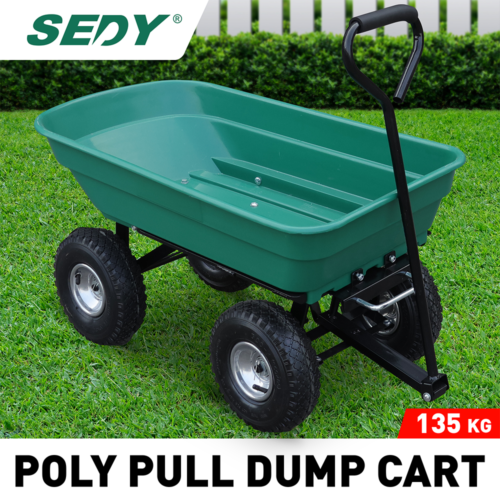 Sedy poly dump cart with a 135kg load capacity, featuring a heavy-duty frame, large pneumatic tyres, and easy tipping mechanism for garden and yard work.