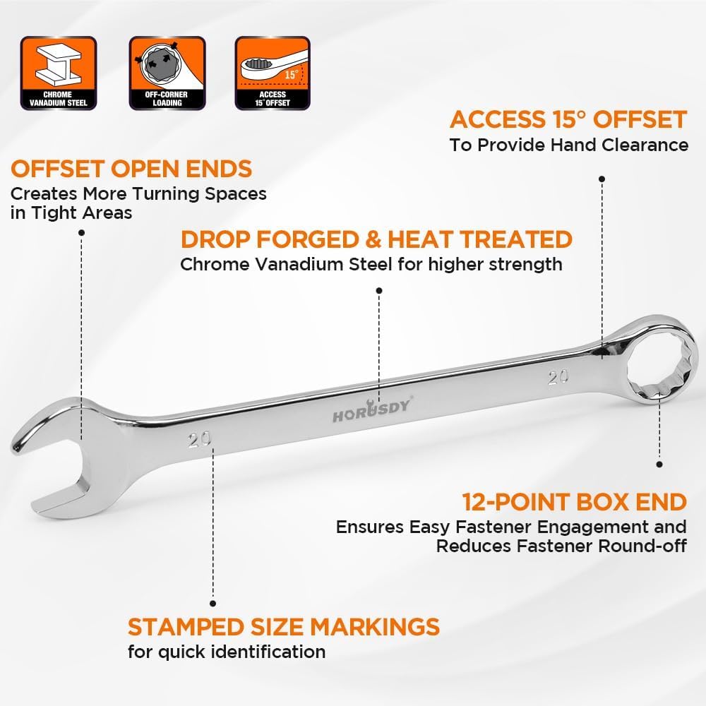15-Piece Metric Combination Spanner Set, CRV Silver, Chrome Vanadium Steel, Heat Treated, Nickel Chrome Plated, Sizes 8-22mm