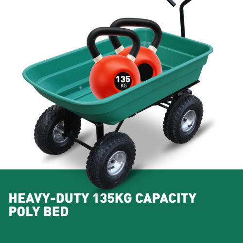 Sedy poly dump cart with a 135kg load capacity, featuring a heavy-duty frame, large pneumatic tyres, and easy tipping mechanism for garden and yard work.