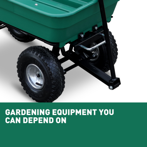 Sedy poly dump cart with a 135kg load capacity, featuring a heavy-duty frame, large pneumatic tyres, and easy tipping mechanism for garden and yard work.
