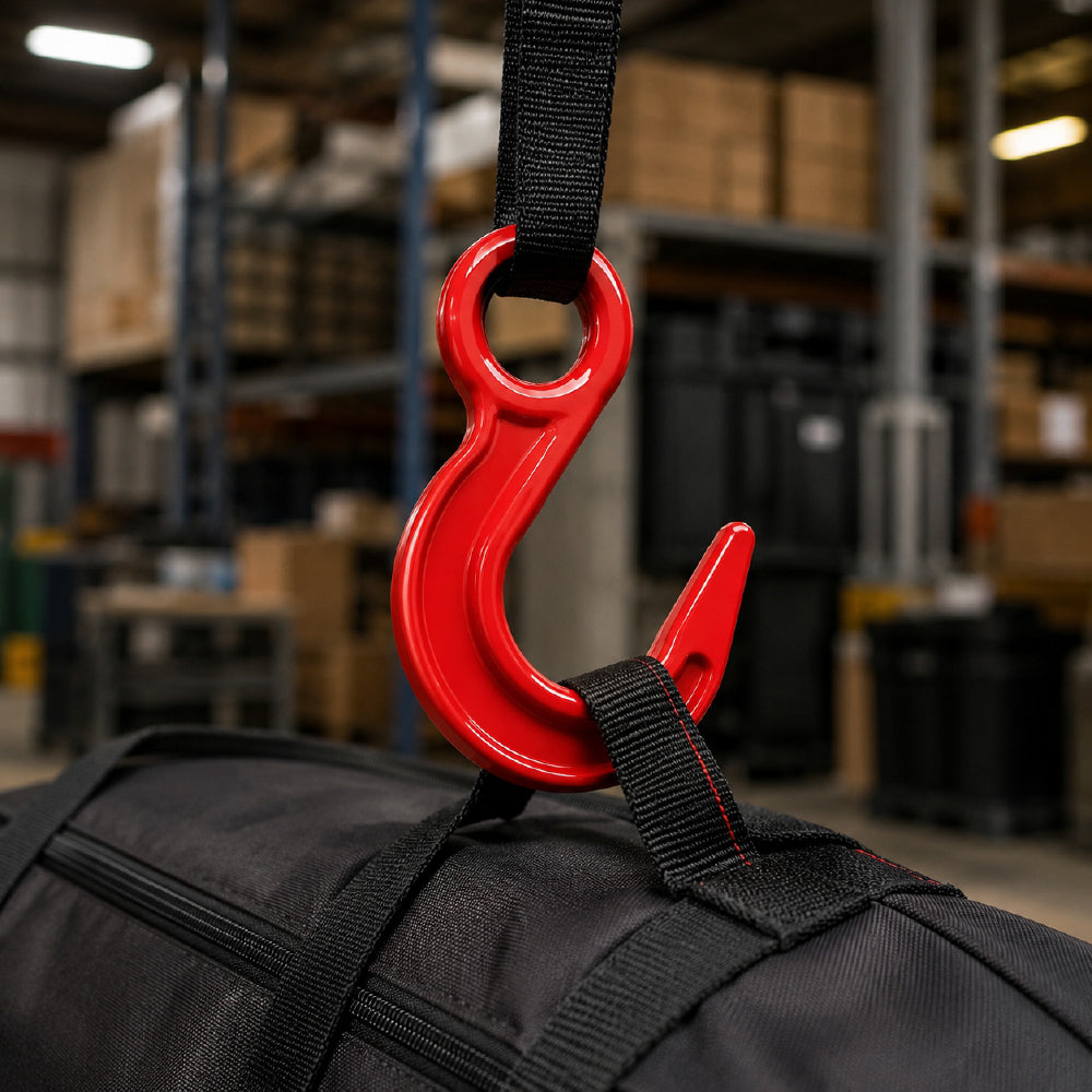 large opening eye hook with heavy-duty powder-coated finish for rigging, lifting, cargo securement and material handling