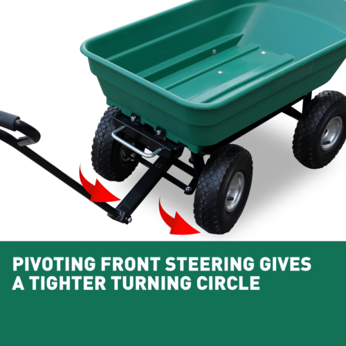 Sedy poly dump cart with a 135kg load capacity, featuring a heavy-duty frame, large pneumatic tyres, and easy tipping mechanism for garden and yard work.