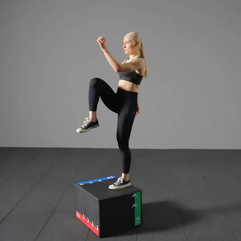 3-in-1 soft foam plyometric jump box with selectable 12/14/16, 16/18/20 or 16/20/24-inch heights for home gym workouts