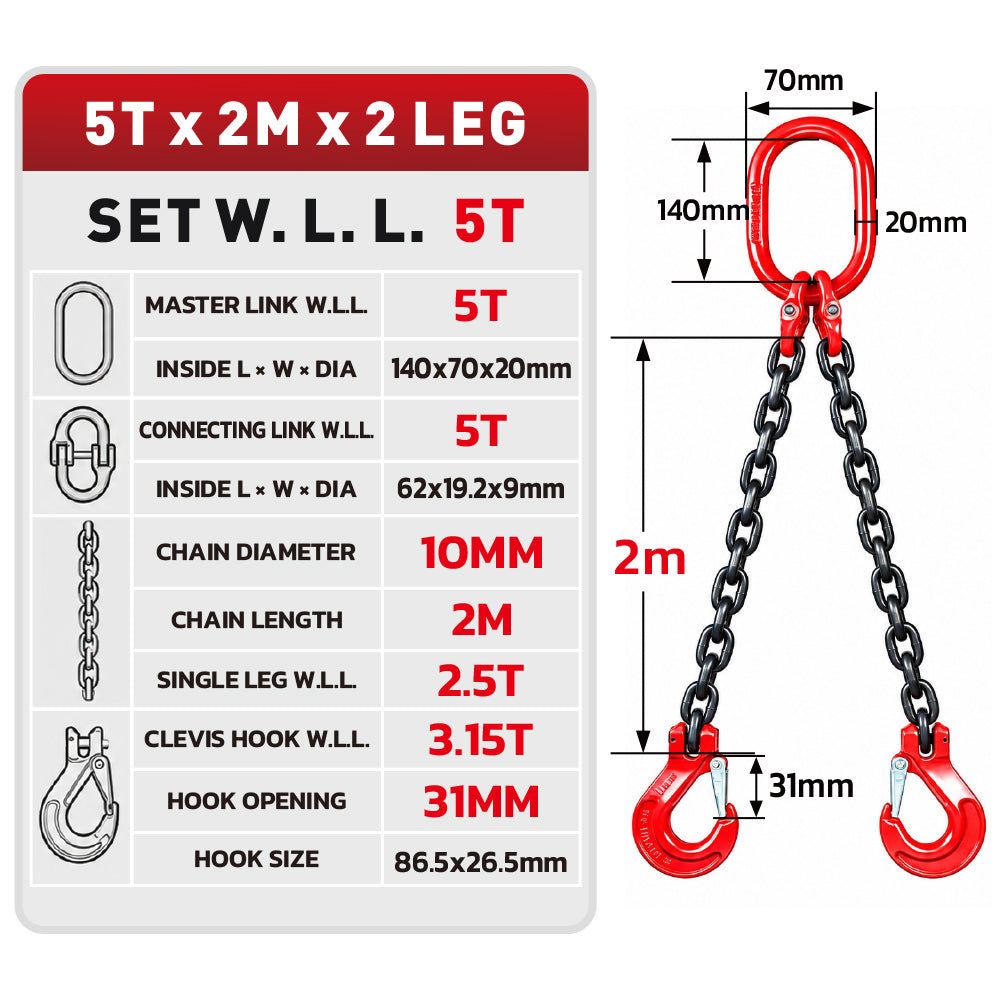Grade 80 chain sling 1T-5T heavy duty lifting chain with master link and safety hooks, available in 1, 2 and 4 leg configurations for rigging and hoisting