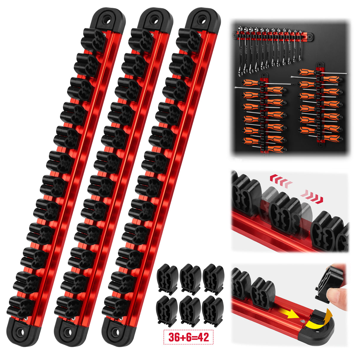3-piece magnetic tool organizer with 42 adjustable clips, aluminum rails for wrenches, screwdrivers and tool storage