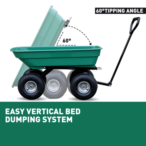 Sedy poly dump cart with a 135kg load capacity, featuring a heavy-duty frame, large pneumatic tyres, and easy tipping mechanism for garden and yard work.