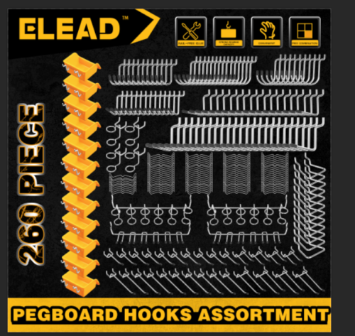 HORUSDY 260-piece pegboard hooks assortment with 17 types of hooks, bins, and peg locks for efficient tool organization