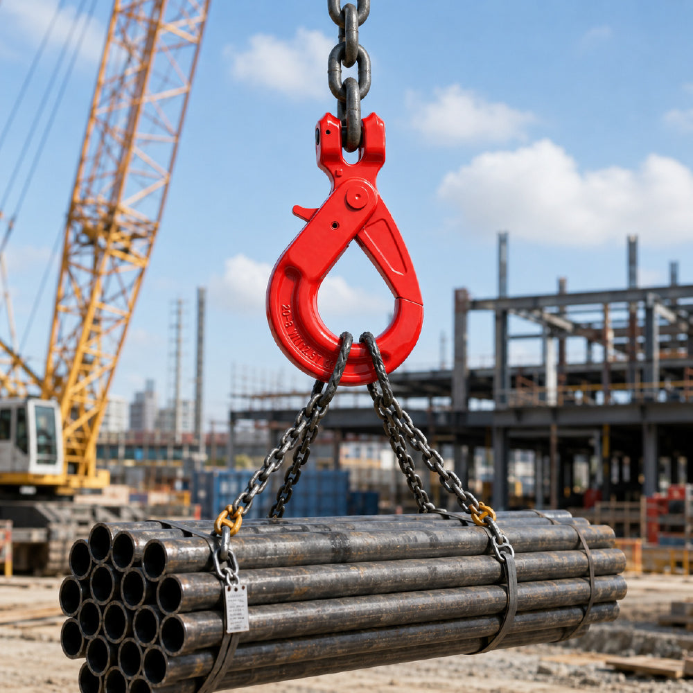 G80 clevis self-locking lifting hook with powder-coated finish and secure locking gate for chain rigging, hoisting and material handling