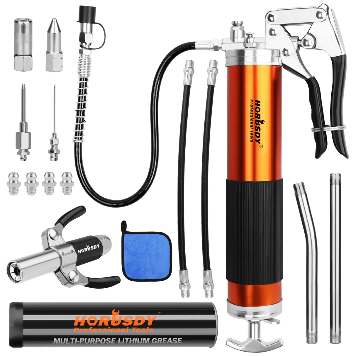 18-piece pistol grip grease gun kit with 8000 PSI pressure, flexible hose, lock coupler and multiple grease fittings