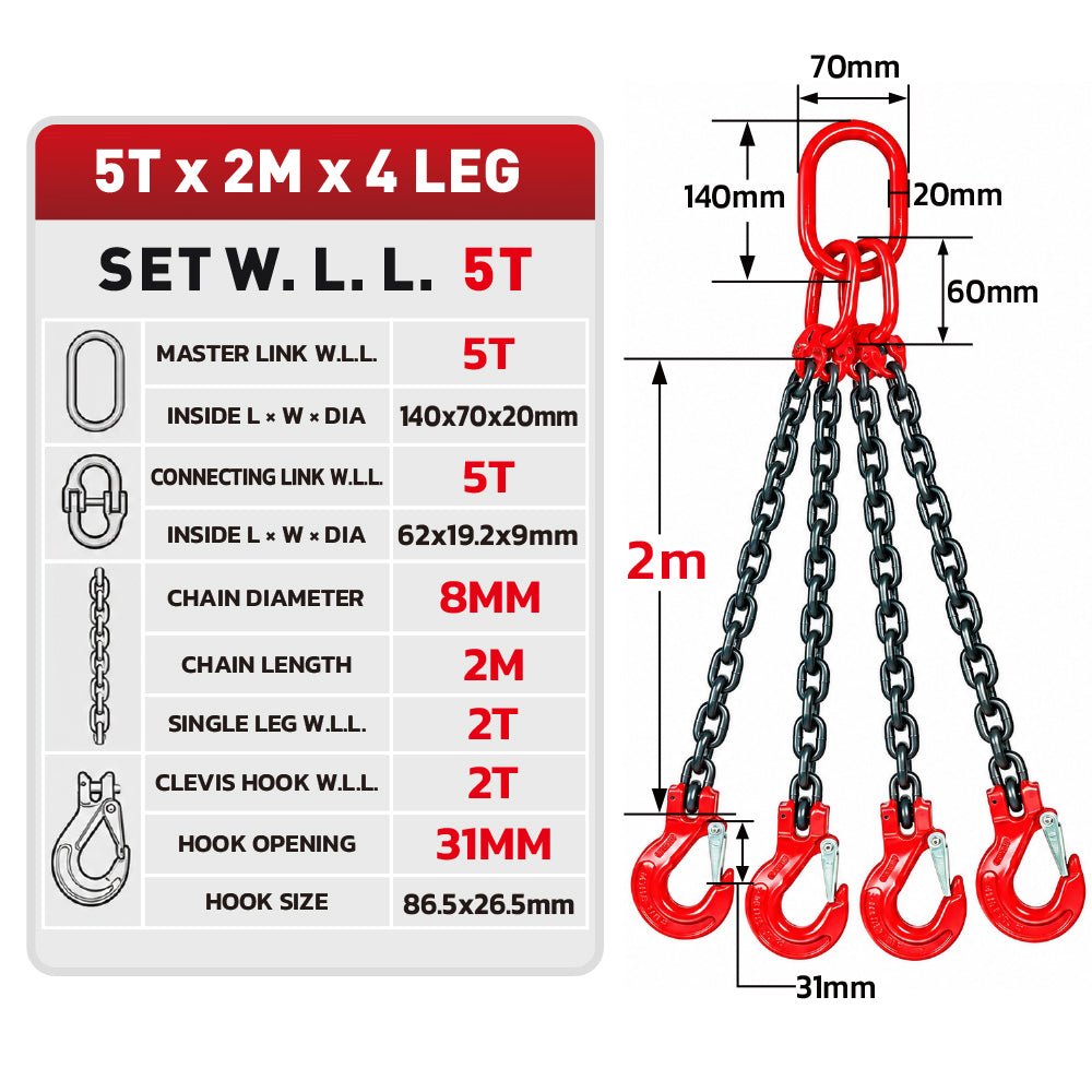Grade 80 chain sling 1T-5T heavy duty lifting chain with master link and safety hooks, available in 1, 2 and 4 leg configurations for rigging and hoisting