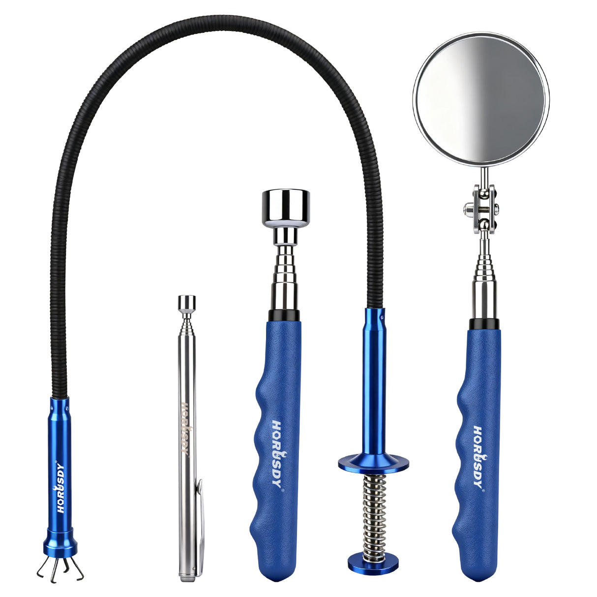 4-piece telescoping magnetic pickup tool kit with inspection mirror, flexible grabber and strong magnets