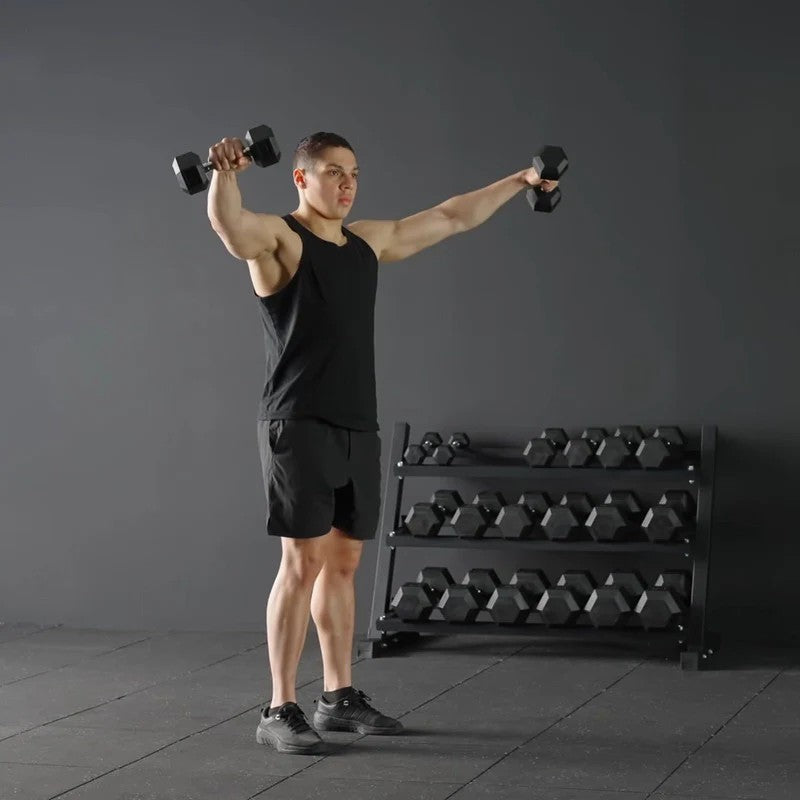 350 lb or 450 lb hex dumbbell set with 3-tier storage rack, anti-roll heads and knurled handles for home gym strength training