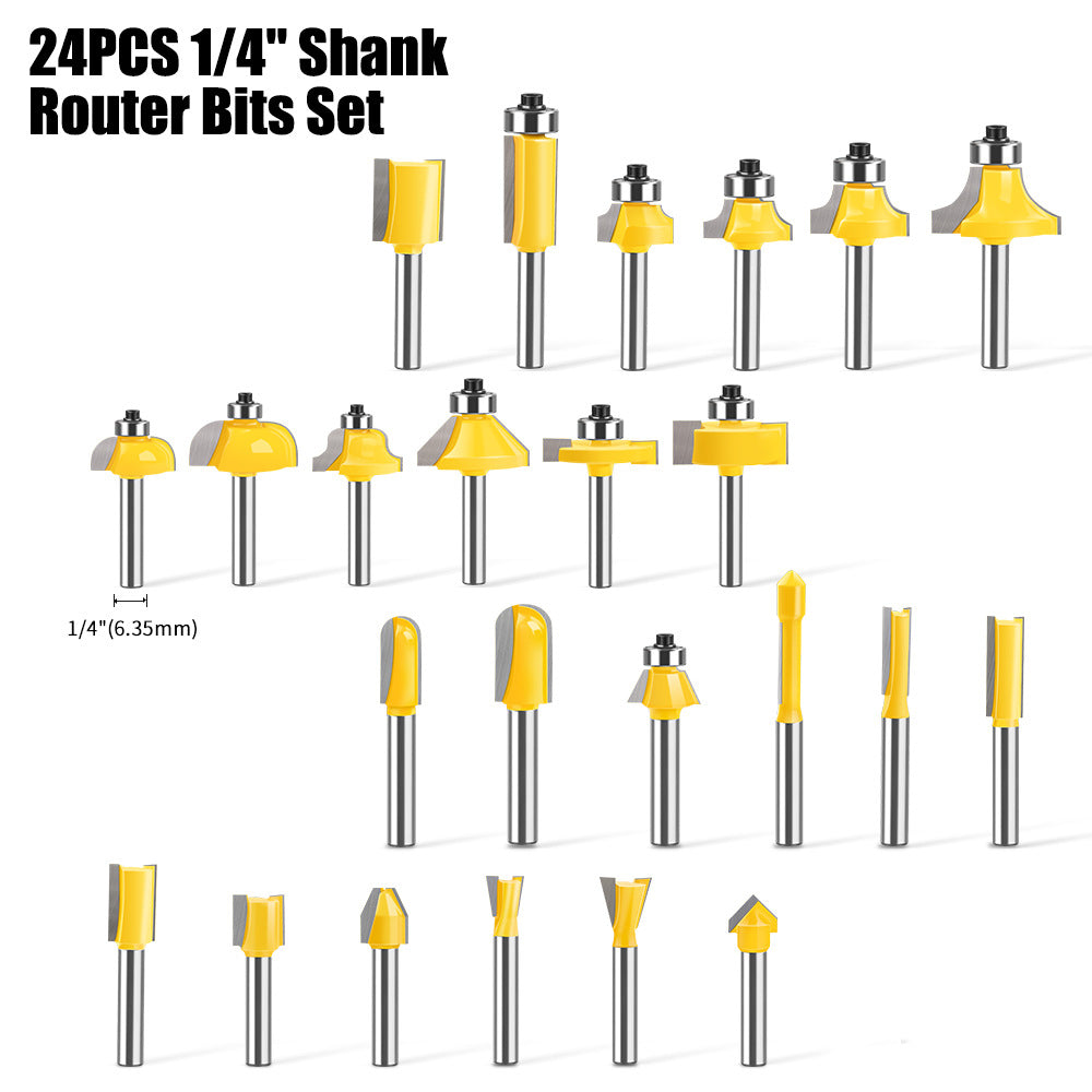 24-piece 1/4 inch shank router bits set in wooden storage case with straight, flush trim, round over, cove, chamfer, dovetail, mortising, slot cutter and grooving bits for woodworking