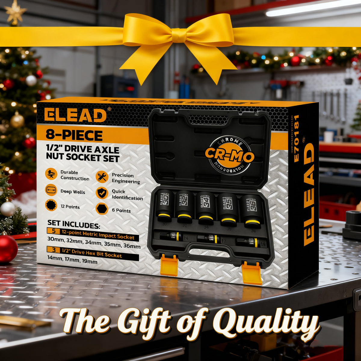 8-piece 1/2-inch drive axle nut socket set with metric deep impact sockets and hex bit sockets in carrying case