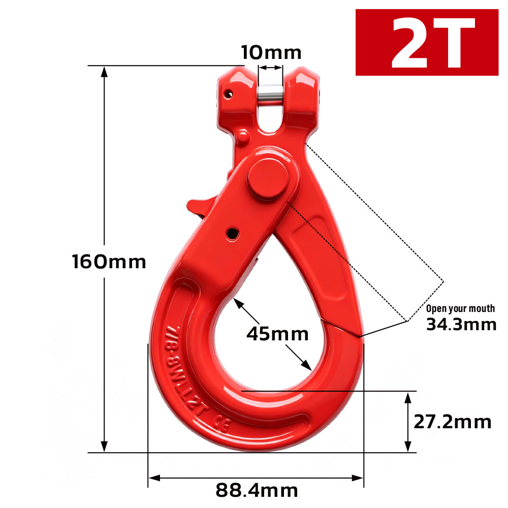 G80 clevis self-locking lifting hook with powder-coated finish and secure locking gate for chain rigging, hoisting and material handling