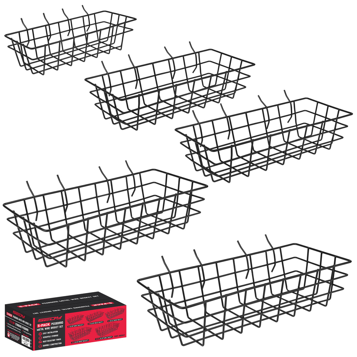 5-pack black metal wire pegboard basket set with five graduated sizes for garage, workshop, craft room, kitchen, and office storage