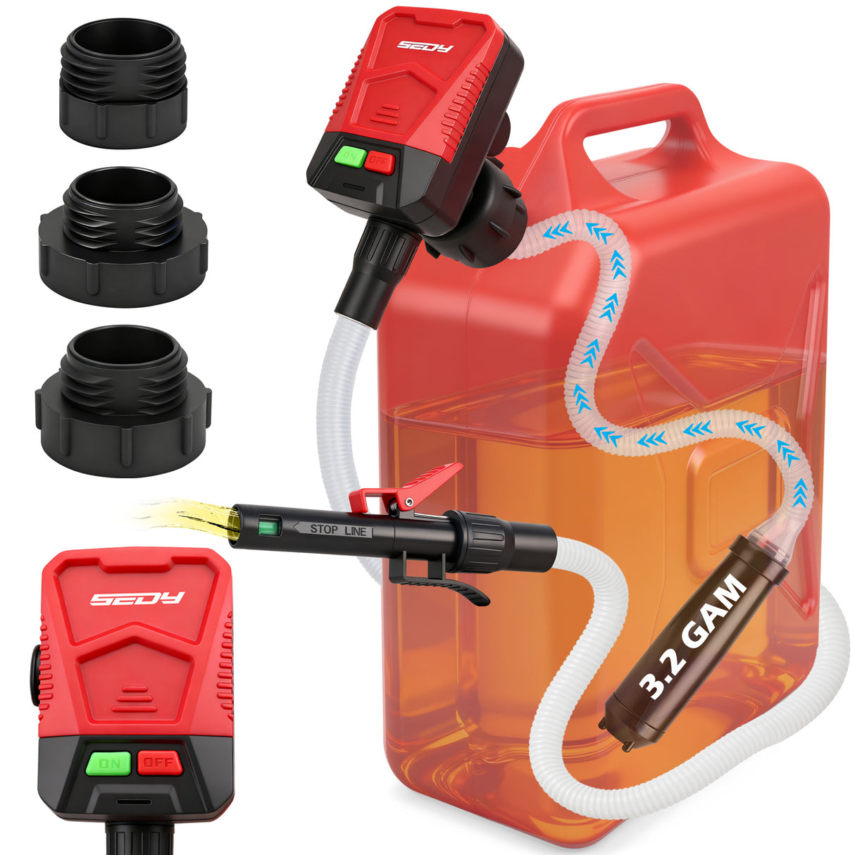 automatic fuel transfer pump with auto-stop nozzle, 48-inch flexible hose and three gas can adapters for gasoline, diesel and kerosene transfer
