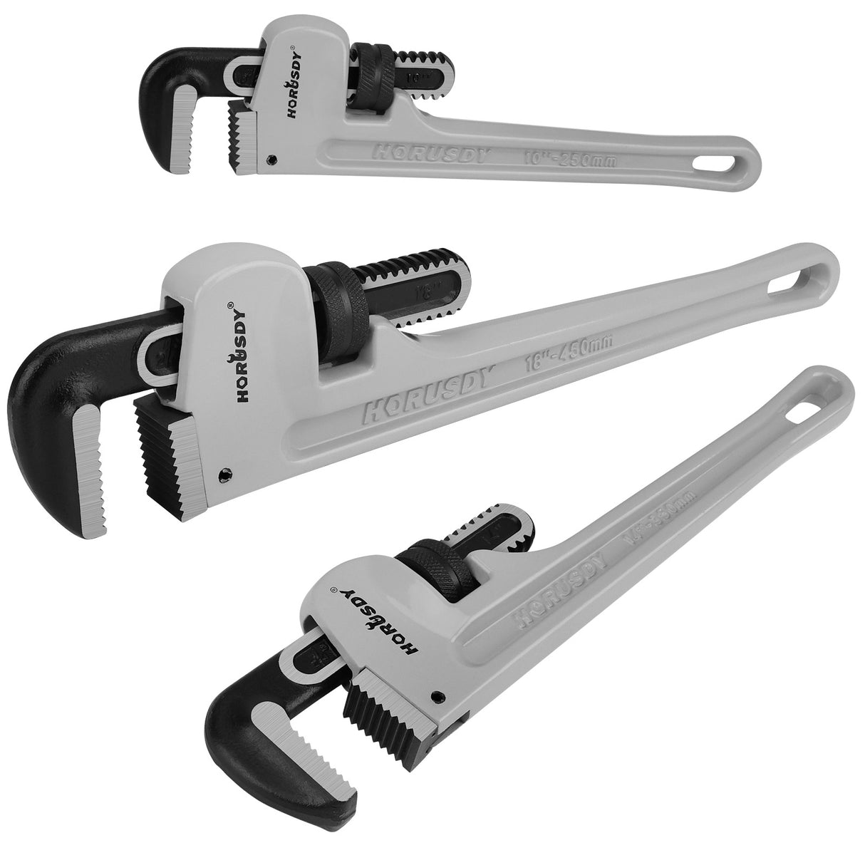 3-piece aluminum straight pipe wrench set including 10, 14 and 18 inch wrenches with V-shaped steel teeth for plumbing and repair