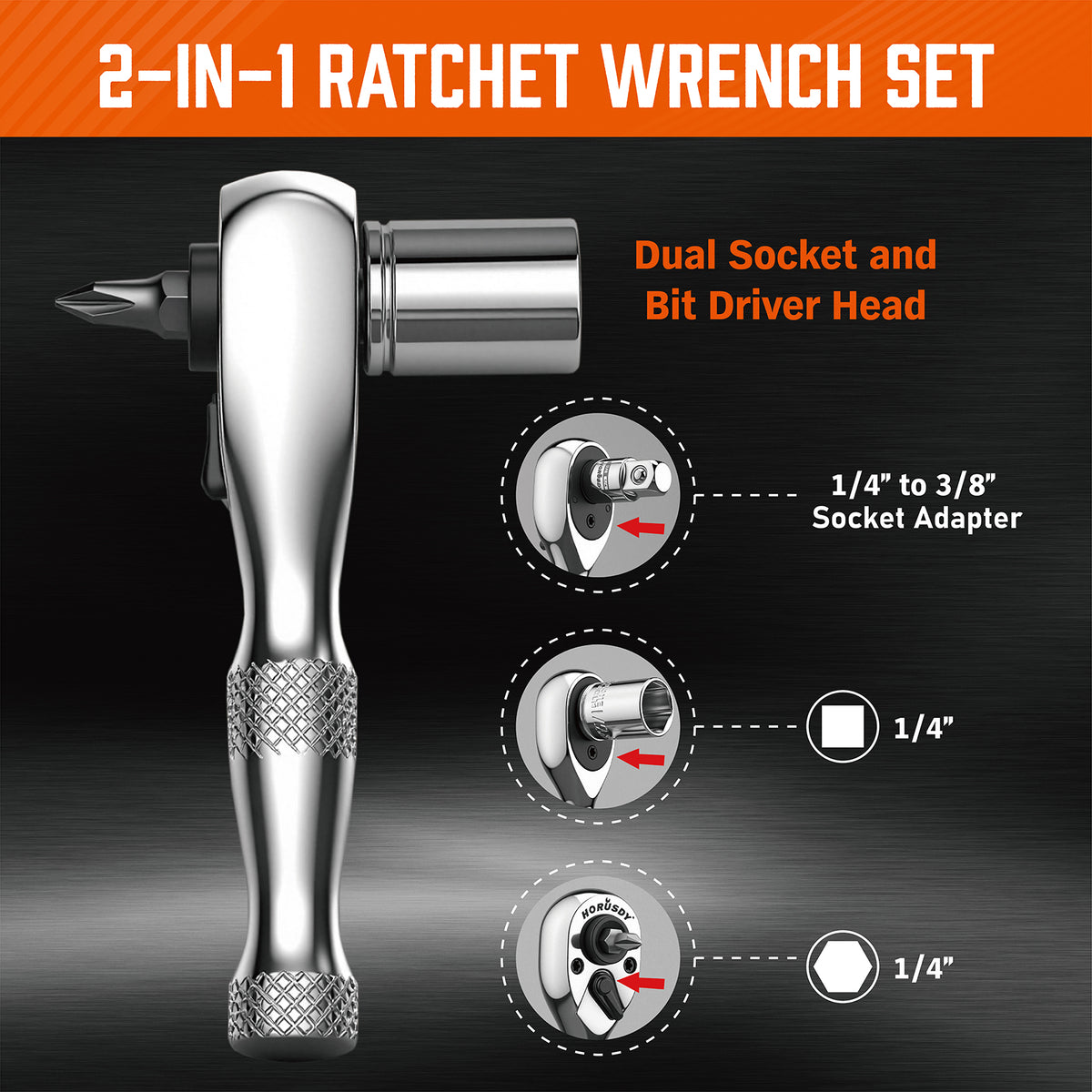 2-in-1 1/4 inch drive mini ratchet wrench with 90-tooth 4-degree swing, magnetic bit driver and 1/4 to 3/8 socket adapter