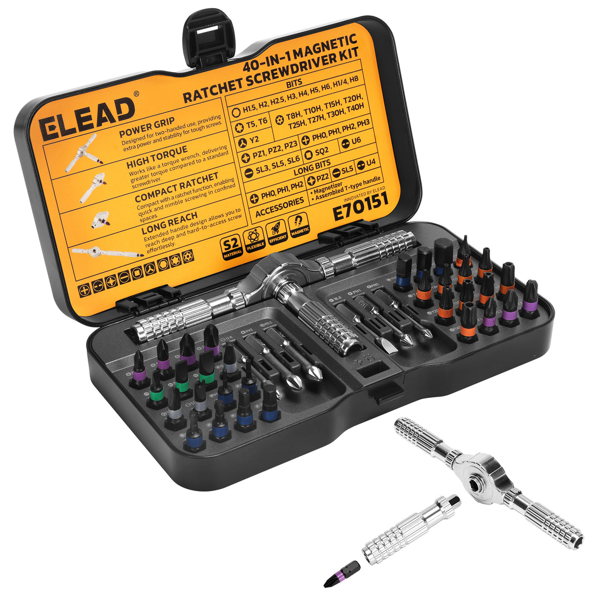 ELEAD 40-in-1 magnetic ratchet screwdriver kit with flexible handle, color-coded S2 bits, and portable locking case for precise repair and assembly tasks.