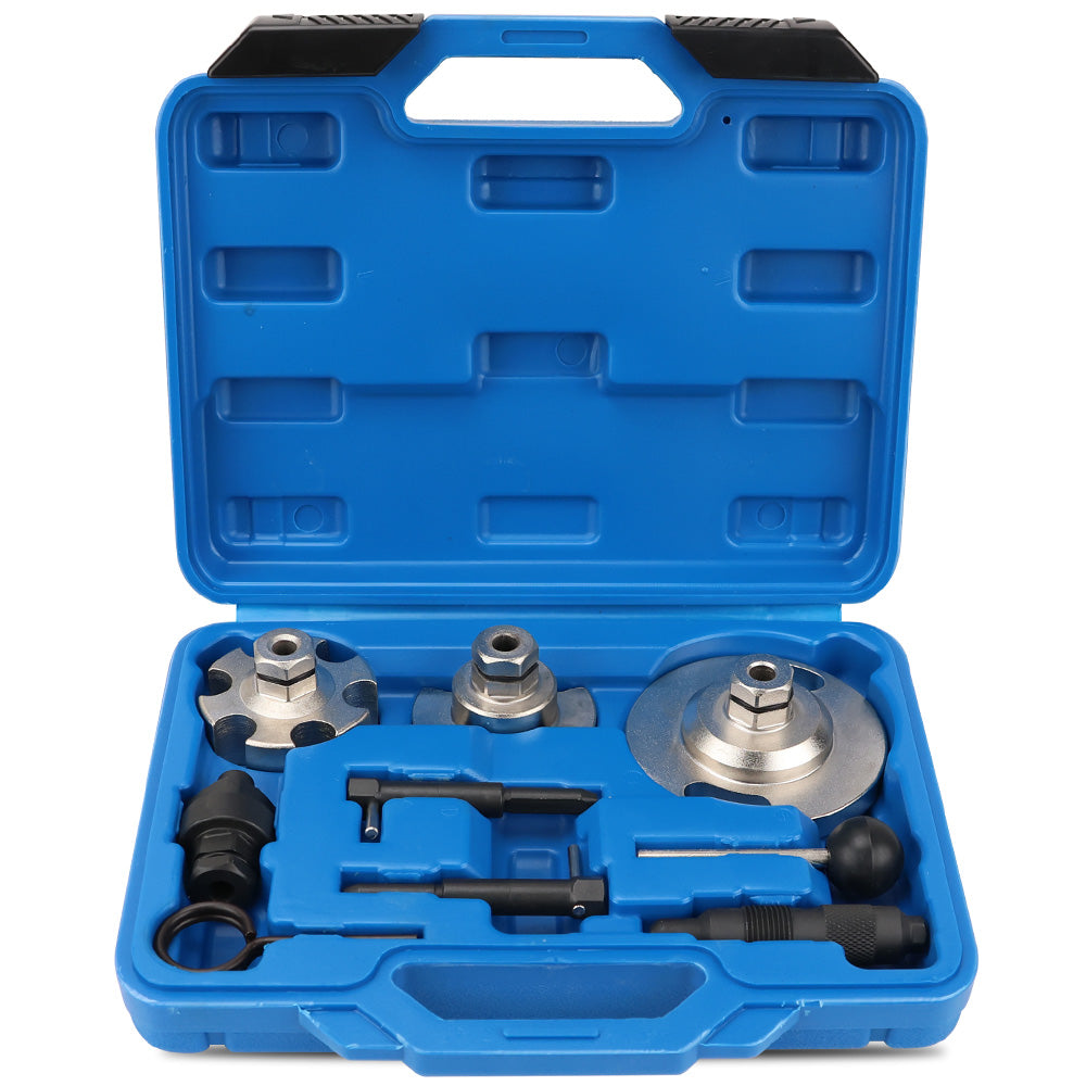 10-piece motorcycle crankshaft puller and separator tool kit for engine repair, includes adaptors and removal tools in blue carry case