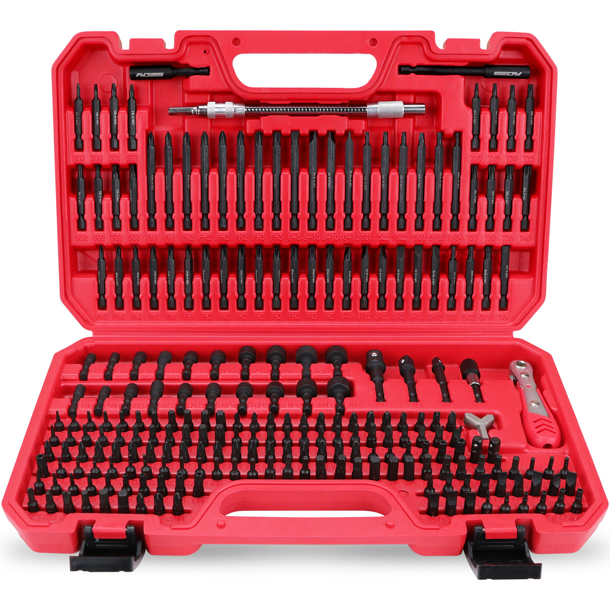 232-piece CR-V screwdriver bit set with security bits, SAE and metric nut drivers, ratchet wrench, magnetic bit holders, flexible shaft and red carry case