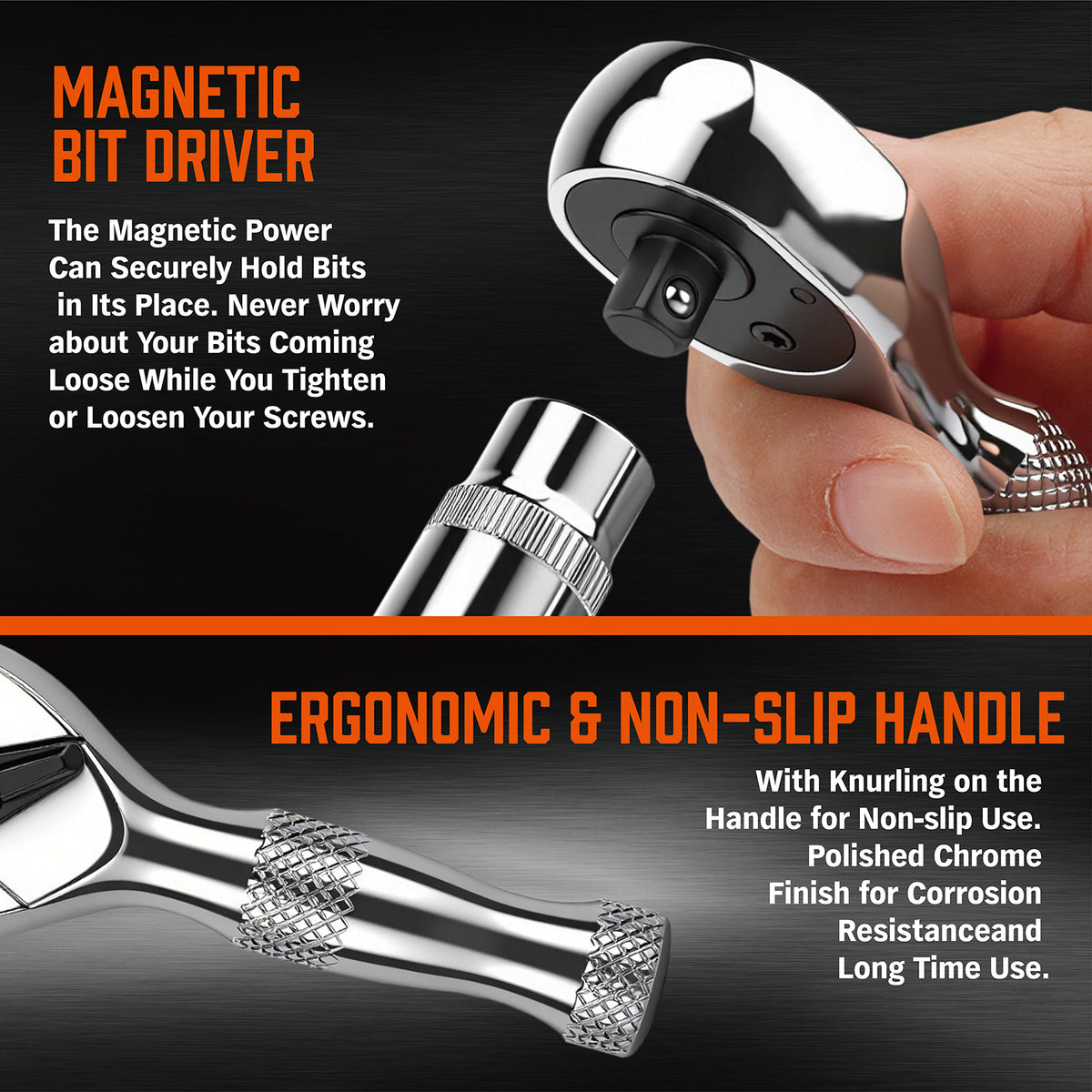 2-in-1 1/4 inch drive mini ratchet wrench with 90-tooth 4-degree swing, magnetic bit driver and 1/4 to 3/8 socket adapter
