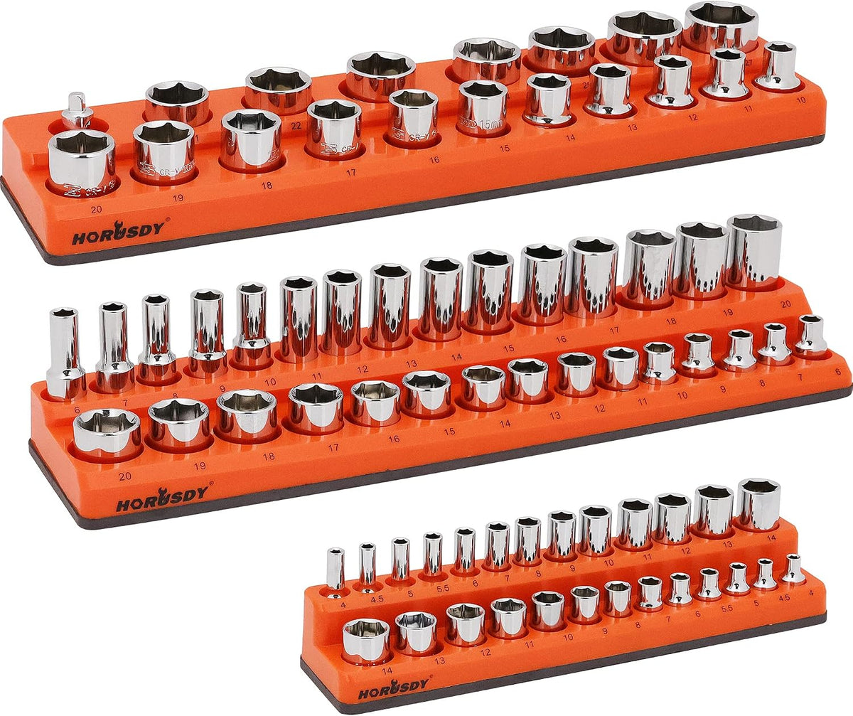 3-piece magnetic socket organizer set with 75 slots, orange metric socket holders for 1/4, 3/8 and 1/2 inch drive sockets, suitable for toolboxes and workshop storage.