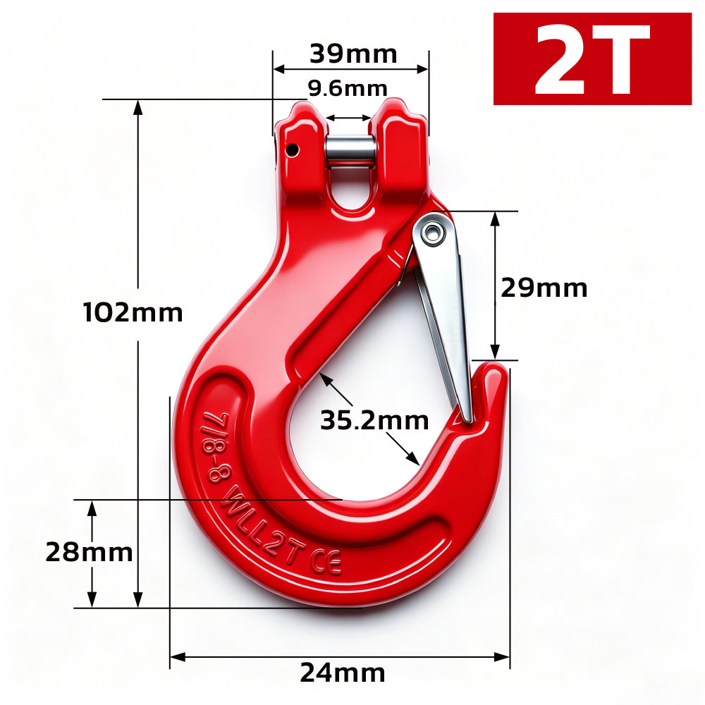 heavy-duty clevis slip hook with safety latch, cotter pin and red powder-coated finish for lifting, towing, recovery and rigging applications