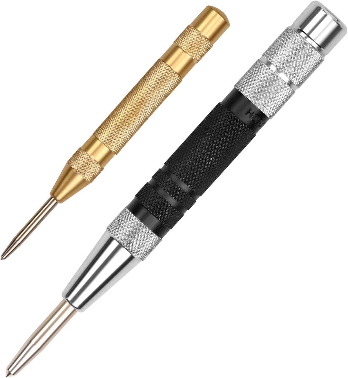 2-piece automatic center punch set with adjustable spring-loaded mechanism, hardened chrome vanadium steel tips and knurled grips for metal and woodworking