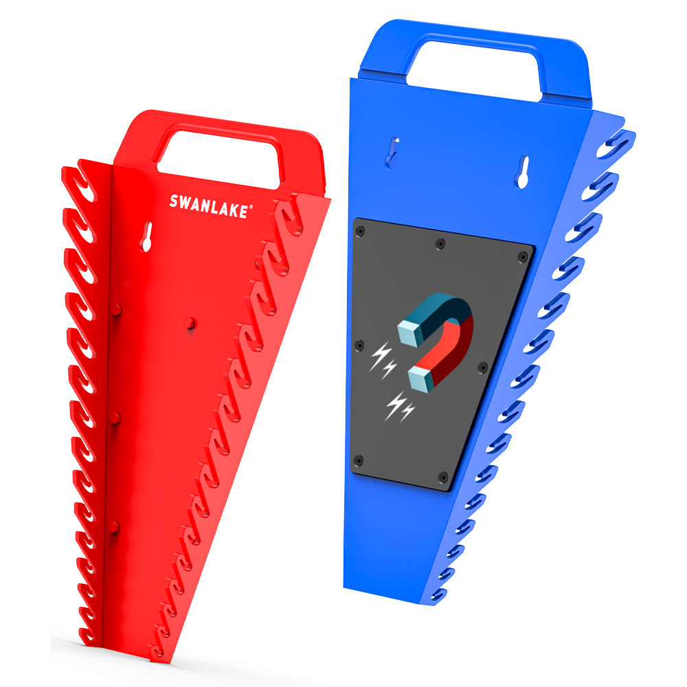 Magnetic wrench organiser set with red and blue 15-slot holders for wall or toolbox mounting, heavy-duty design with strong rare-earth magnets