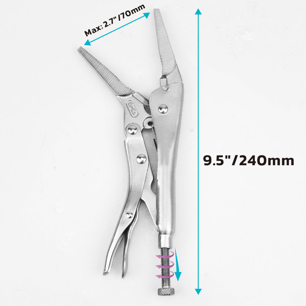 9.5-inch long nose locking pliers made of CR-MO steel with adjustable tension screw, quick release trigger and long narrow jaws